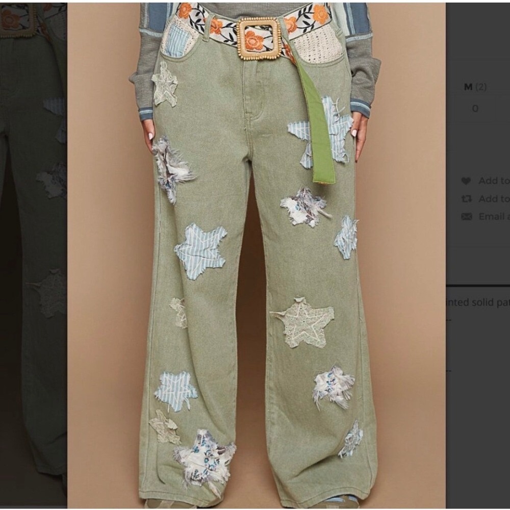 POL Sage Green Patchwork Star Straight Wide Leg Jeans Small Boho Festival Pants